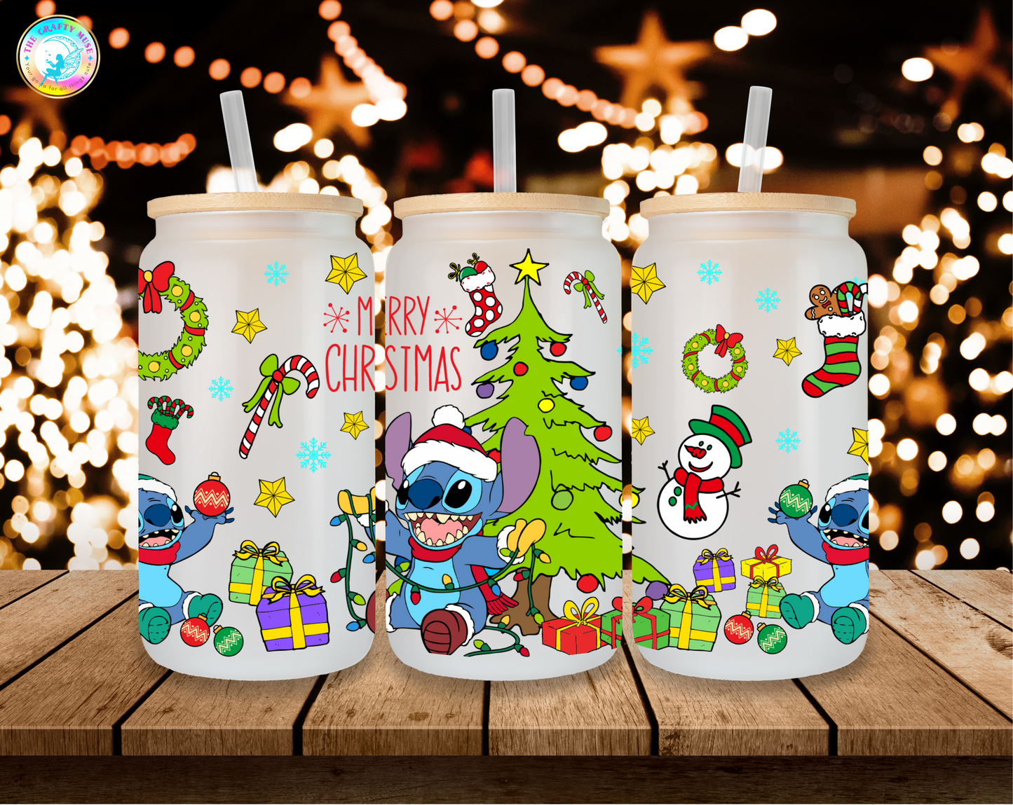 16 oz Christmas Stitch Themed Can Glass
