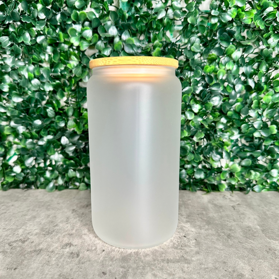 16 oz Matte Glass Can (Customizable) with Bamboo Lid & Straw