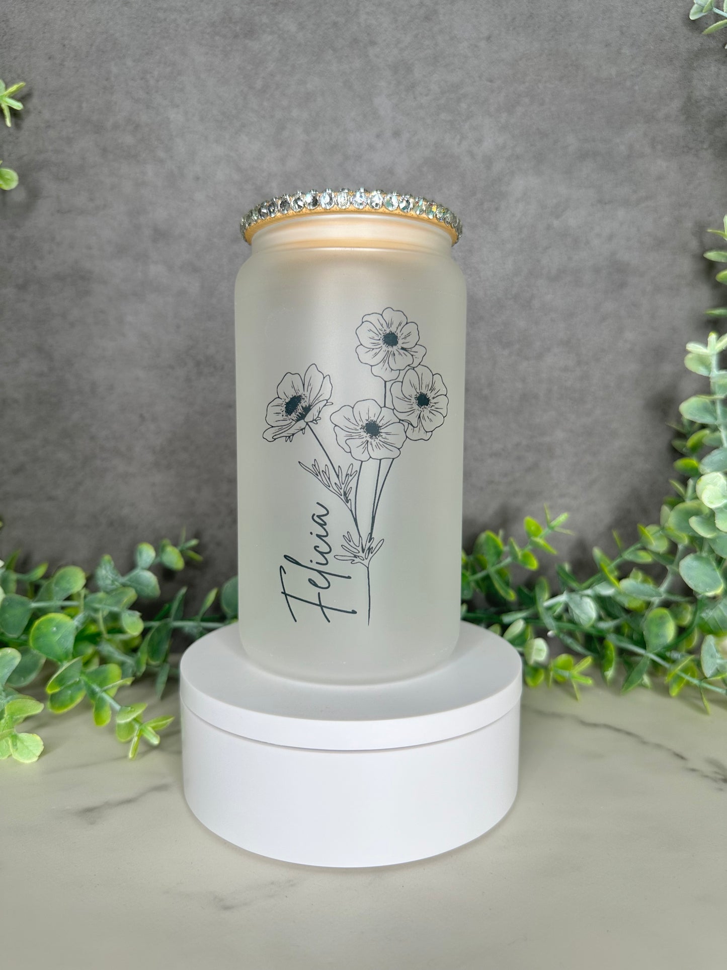 16 oz Matte Glass Can (Customizable) with Bamboo Lid & Straw